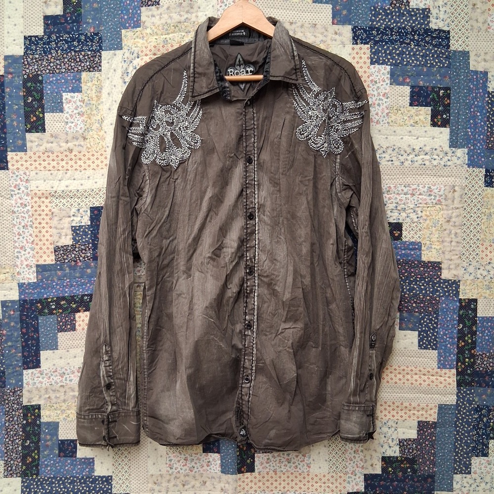Vintage ROAR Embroidered Button Down Shirt Size 2XL Distressed Gray MMA Fighting